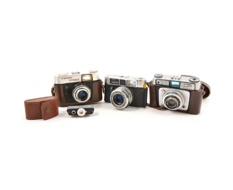 Three vintage 35mm cameras, Voigtlander Vito automatic II, with leather case; Voigtlander Vitoret, with leather case; Ilford 