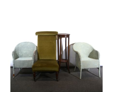 Victorian pre-dieu, green dralon upholstery, height 105cm; and old pine trunk; inlaid mahogany two-tier stand; and two painte