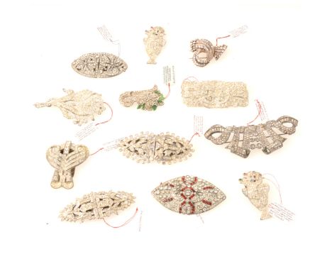 Twelve pot metal paste set brooches and dress clips - possible Brier of USA, five brooches, 45-90mm, one a cornucopia with gr