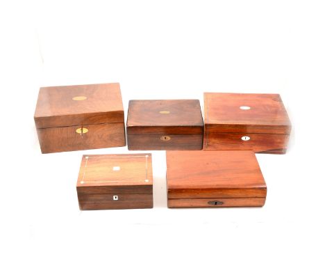 Victorian walnut oblong-shape box, refitted interior, width 28cm; two Victorian rosewood boxes; other wooden boxes and cases,