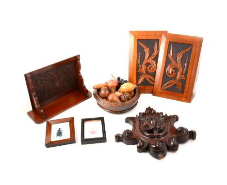 Box of woodenware, including treen fruit bowl, small wall shelf, carved panels, etc