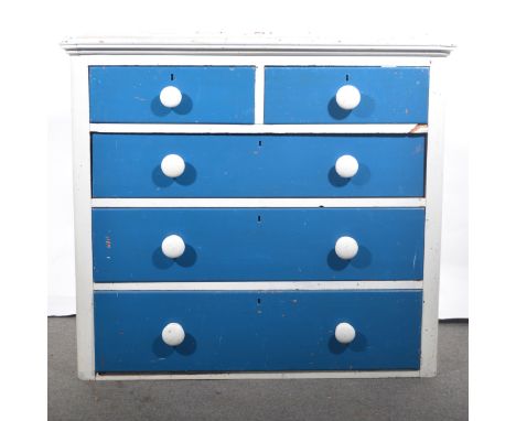 A painted pine chest of drawers, two short and three long, lacking base, ceramic pulls, width 102cm, depth 49cm, height 92cm.