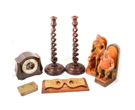 A Victorian oak adjustable bookrack, fretted brass decoration, length 33cm; a pair of carved soft wood figures, Don Quixote a
