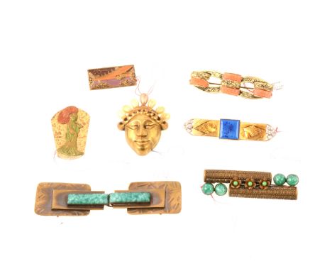 Oria French Art Deco bar brooch, set with simulated lapis and paste, 70mm, two 1930's gilt metal bar brooches set with simula