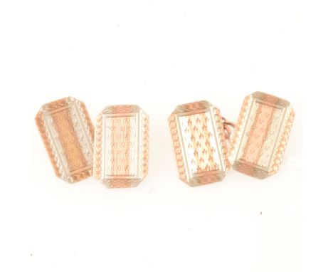 A pair of 9 carat yellow, red and white gold engine turned chain link cufflinks, Chester 1927, Pat. Appd For. no personal eng