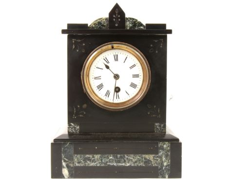 A black marble and inlaid mantel clock, of architectural design, white enamel dial, pendulum driven movement, 28cm