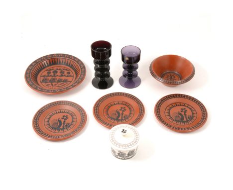 A Royal Worcester Crownware shallow dish, designed by Scottie Wilson, diameter 20cm; three similar tea plates; and four other