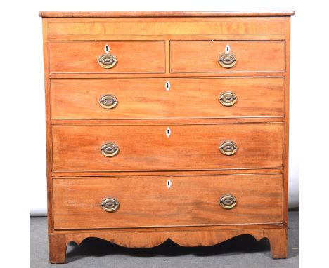 Victorian mahogany chest of drawers, the frieze with banding and stringing, fitted with two short and three long drawers, bra