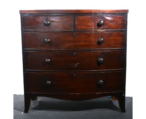 A Victorian mahogany bowfront chest of drawers, fitted with two short and three long drawers, bracket feet, width 104cm, dept