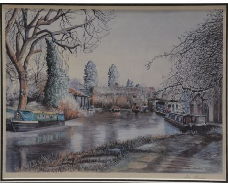 Linda Chambers Market Harborough Canal Basin signed limited edition print 32 x 41cm.