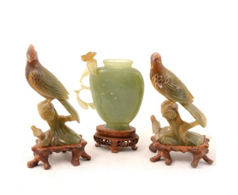Pair of Chinese carved soapstone models of birds, on bespoke hardwood bases, 19cm; and a Jadeite flask-shape vase, substantia