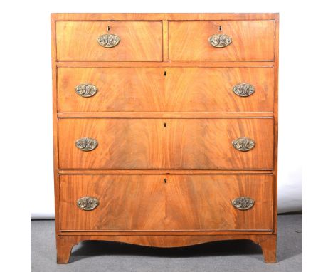 A Victorian mahogany chest of drawers, deep corssbanded outline, two short above three long drawers, raised on bracket feet, 