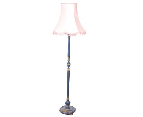 Blue painted chinoiserie standard lamp, turned column, circular base, complete with fittings and shade.
