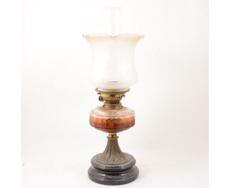 Victorian oil lamp, glass reservoir, frosted shade, complete with chimney, 56cm overall; a frosted glass lampshade; a Florent