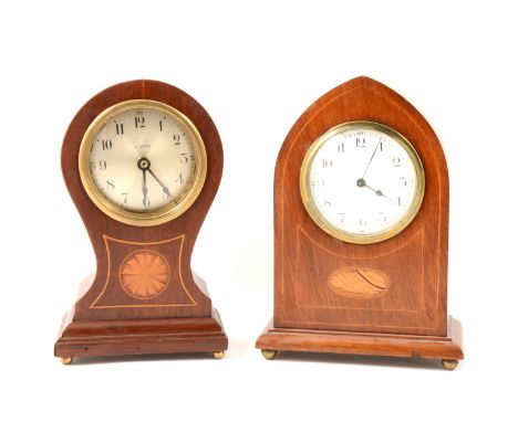 Edwardian inlaid mahogany lancet-shape mantel clock, white enamelled dial, French key-wind movement, 23cm; and an inlaid ball