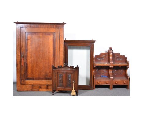 Small mahogany display cabinet, glazed panelled door, width 50cm, depth 17cm, height 77cm; hanging corner cupboard, crossband