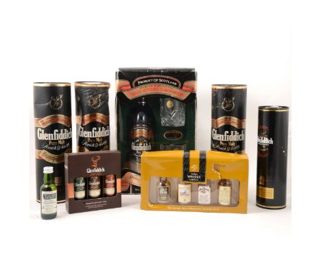 Glenfiddich, Pure Malt Scotch Whisky, assorted bottles including two 75cl in tubes, one 35cl in tube, a 70cl bottle in presen