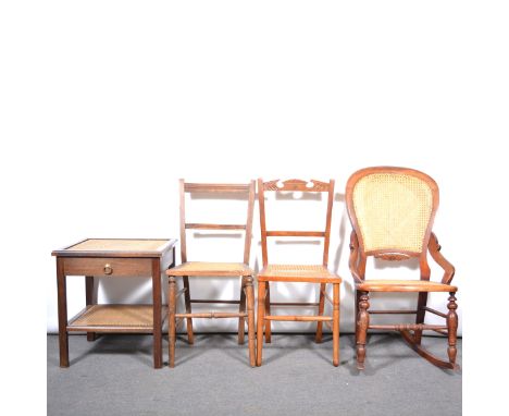 Victorian stained beechwood rocking chair, cane panel back and seat, 95cm; two bedroom chairs with cane panelled seats; and a