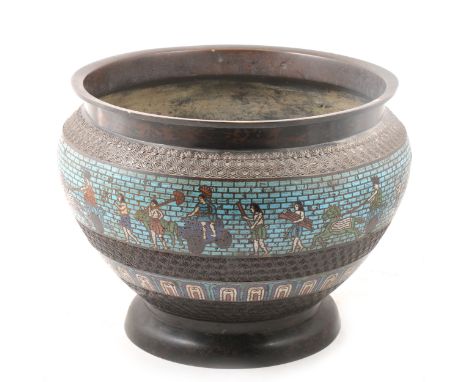 An Asian bronze enamel cloisonné jardinière, compressed circular form, plain rim, circular band decorated with a Roman scene 
