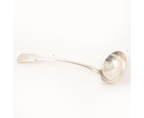 A silver soup ladle by William Welch II, Exeter 1823, fiddle pattern, engraved with initial H, 32.5cm, 6oz.