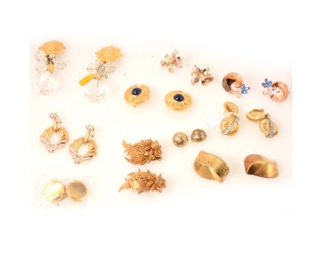 Ten pairs of vintage large gilt metal earrings, a pair of Coro rose metal earscrews set with three blue marquise cut stones, 