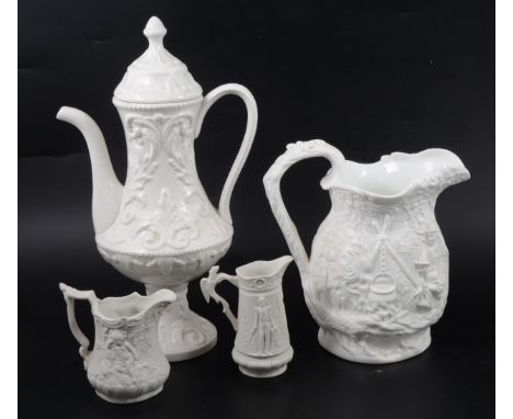 A Samuel Alcock &amp; Co white stoneware jug, Gypsy encampment, 22cm; five small Portmeirion Parian jugs; a Coalport bone chi