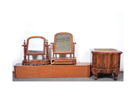 Victorian mahogany stool commode, a mahogany charter box, a Victorian toilet mirror; and a table mirror.