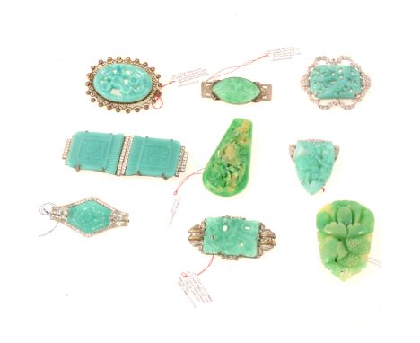 Simulated jade pressed glass and paste set buckle, 80mm, pressed glass bird panel in a marcasite brooch mount, 50mm, two bake