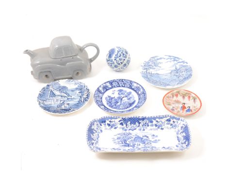 Five Japanese ceramic lids, painted floral and figure / bird designs, blue and white plates, a Carlton Ware novelty teapot in