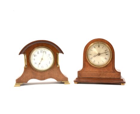 Edwardian inlaid mahogany mantel clock, brass columns, white enamel dial, key-wind spring-driven movement, 18cm; and another 