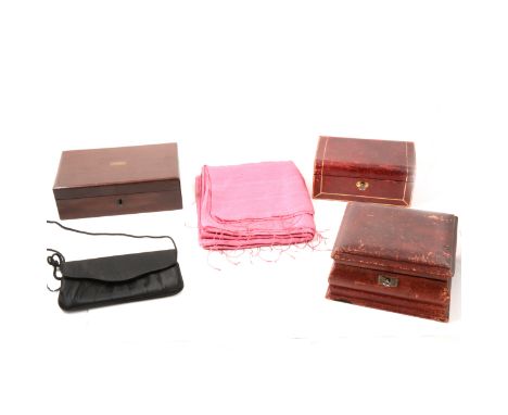 A lady's pink wrap, multi coloured scarf, Gianni Versace tie in original sleeve, black evening bag, two mahogany boxes, two r