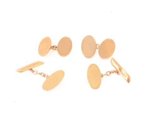 Two pairs of 9 carat gold chain link cufflinks, one pair having oval engine turned face and bar backs, marked 9.375, 5.3gm, t