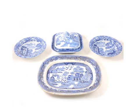 Small collection of Derby Imari pattern teaware, together with a Staffordshire Willow pattern printware plates.