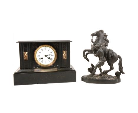 Victorian slate and marble mantel clock, circular enamelled dial with roman numerals, French circular movement striking on a 