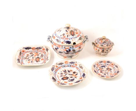 A Staffordshire Imari pattern part dinner service, circa.1820, including meat plates, plates, dishes and tureens.