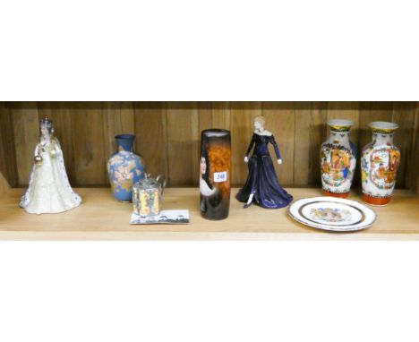 Spode figure of the Queen, Royal Doulton lady figure, a pair of Cantonese vases, two others, teapot etc and including a photo