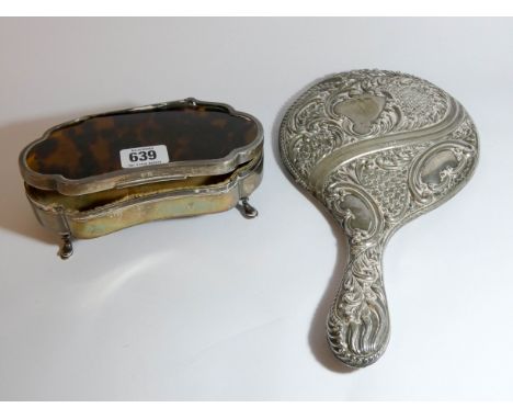 Large silver and tortoiseshell mounted trinket box, 17 cms across - Birmingham 1917,and a silver backed dressing table hand m