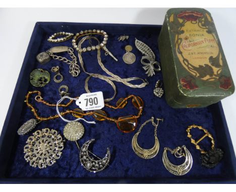 A tray full of jewellery - silver chain, bright cut steel brooch, paste etc