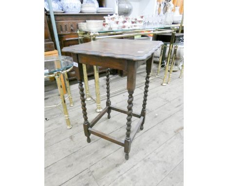 Square oak occasional table on barley twist legs and a reproduction D shaped console table 