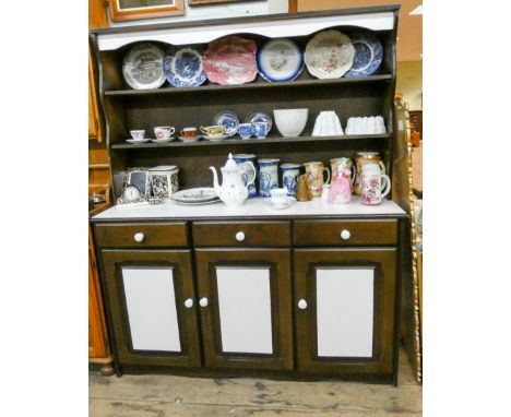 A mahogany and white finished kitchen dresser with shelf back drawers and cupboards under 4'6 wide 