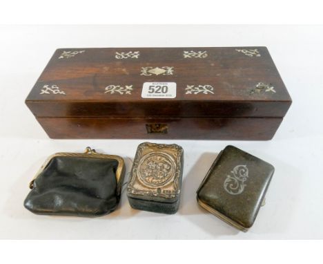 A small inlaid with mother of pearl glove box together with a silver mounted trinket box, purse etc 