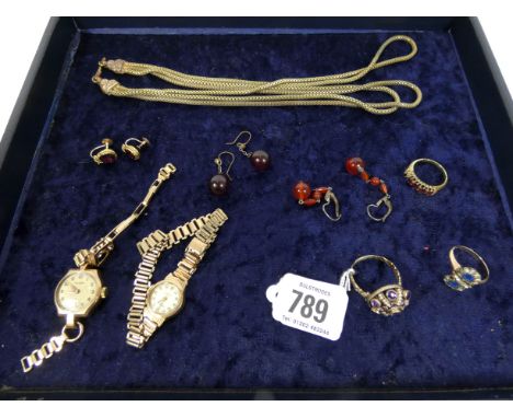 Two ladies vintage gold cases wristwatches, three rings, Victorian gilt metal Albert chain and three pairs of earrings.