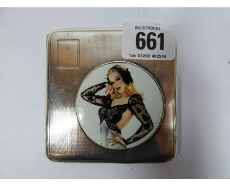 Silver cigarette case with applied enamel panel depicting a vintage pin-up girl in lacy bodice. Hallmarked Birmingham 1931.