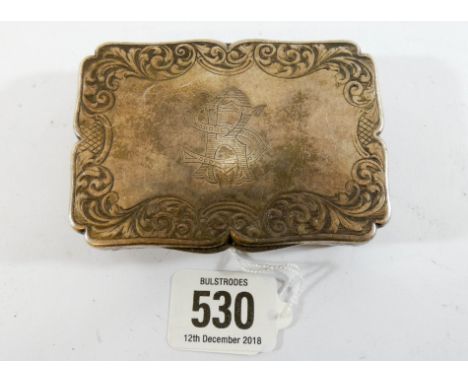 A shaped and highly decorated and engraved snuff or patch box with hallmarks for Birmingham 1842, approx weight 4ozs