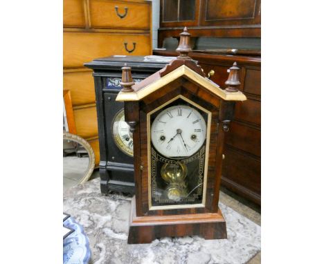 Striking mantle clock in black painted case and an American striking shelf clock  