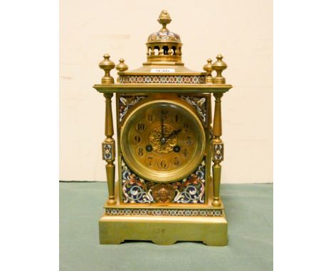 Decorative brass and cloisonne enamelled mantel clock, with architectural case and dome to the top