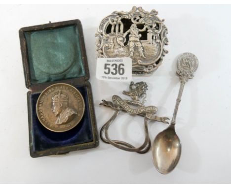 Four various pieces of hallmarked silver to include an Edward VII silver medallion in box, Kennel club silver spoon and an op
