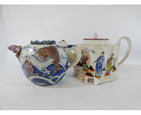An early English teapot decorated in the Chinese style with a family in a garden setting chasing a butterfly, together with a