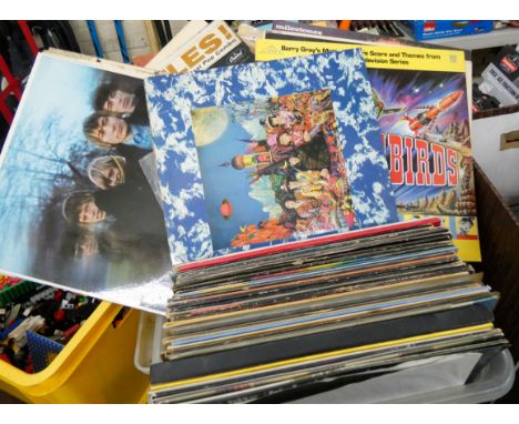 A large box of LP vinyl records including several Beatles, several Rolling Stones etc 