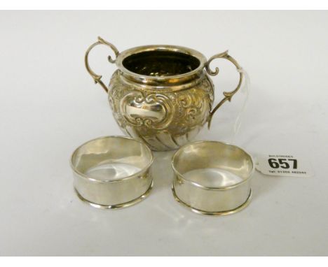 Silver twin handled sugar basin, Birmingham 1935 and a pair of silver napkin rings, gross weight , 3 troy ounces 